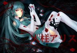 Rule 34 | 1girl, bad id, bad pixiv id, blood, blood-stained card, blood on clothes, blood stain, card, elbow gloves, floating card, gloves, green eyes, green hair, hatsune miku, highres, hitobashira alice (vocaloid), holding, holding card, llc, long hair, matching hair/eyes, skirt, solo, thighhighs, twintails, very long hair, vocaloid, white thighhighs, zettai ryouiki