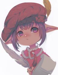 Rule 34 | 1girl, absurdres, backlighting, beret, blush, child, feathers, female focus, final fantasy, final fantasy xiv, fur-trimmed shirt, fur trim, gem, green gemstone, haisen, hand up, hat, hat feather, highres, holding, holding notepad, holding quill, jewelry, lalafell, looking at viewer, matching hair/eyes, nose blush, notepad, open mouth, paper, pink shirt, pointy ears, portrait, purple eyes, purple hair, quill, red hat, ring, shirt, short hair, sidelocks, simple background, solo, tassel, tataru taru, white background, white feathers, yellow feathers