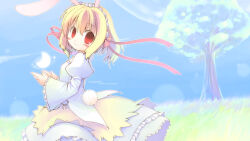 Rule 34 | 1girl, animal ears, blonde hair, blush, character name, closed mouth, commentary request, cowboy shot, crescent, dress, emurin, english text, grass, hair between eyes, highres, looking at viewer, looking to the side, medium hair, original, rabbit ears, rabbit girl, rabbit tail, red eyes, ribbon, sideways glance, smile, solo, tail, tree, white dress, white headdress, wide sleeves