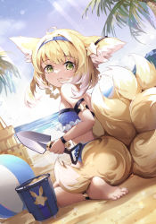Rule 34 | 1girl, animal ears, arknights, asc11, ball, bandeau, bare arms, bare shoulders, barefoot, beach, beachball, bikini, blonde hair, blue bikini, blue hairband, blue sky, bucket, chinese commentary, commentary request, day, fox ears, fox tail, hair ornament, hairband, highres, holding, holding shovel, multiple tails, outdoors, palm tree, sand castle, sand sculpture, short hair, shovel, sitting, sky, solo, star (symbol), star hair ornament, strapless, strapless bikini, suzuran (arknights), swimsuit, tail, tree, wariza, yellow eyes