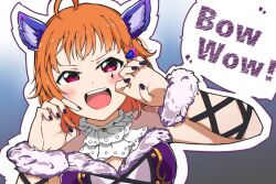 Rule 34 | 1girl, ahoge, animal ears, claw pose, commentary request, dress, english text, fang, fur bracelet, highres, liz (piyoko piyop), looking at viewer, love live!, love live! school idol festival all stars, love live! sunshine!!, open mouth, orange hair, outline, purple dress, purple nails, red eyes, short hair, solo, takami chika, upper body, v-shaped eyebrows, white outline, wolf ears