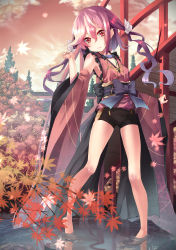 Rule 34 | 1girl, architecture, autumn, autumn leaves, bad id, bad nicoseiga id, barefoot, blush, bow, breasts, bride, cloud, contrapposto, detached sleeves, east asian architecture, forest, frilled kimono, frills, full body, gluteal fold, hair between eyes, hair ribbon, highres, japanese clothes, kimono, leaf, lips, long hair, looking at viewer, maple leaf, nature, obi, original, outdoors, outstretched arm, pink hair, red eyes, reflection, ribbon, saraki, sash, short hair with long locks, shorts, sidelocks, sky, small breasts, solo, standing, sunset, wading, water, white ribbon, wide sleeves