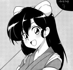Rule 34 | 1girl, blush, bow, collarbone, grin, japanese clothes, kimono, kuonji ukyou, long hair, looking at viewer, monochrome, open mouth, ranma 1/2, smile, spy master uook
