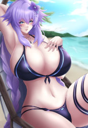 Rule 34 | 1girl, armpits, beach, beach chair, bikini, blue eyes, breasts, cleavage, curvy, flower, hair between eyes, hair ornament, hand on own chest, highres, huge breasts, jewelry, long hair, looking at viewer, navel, necklace, neptune (series), purple eyes, purple heart (neptunia), seshiro (which501), sidelocks, skindentation, smile, solo, swimsuit, symbol-shaped pupils, very long hair, wide hips