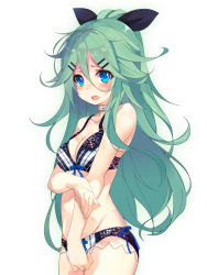 Rule 34 | 10s, 1girl, black panties, blue eyes, blush, breasts, cleavage, cowboy shot, green hair, hair between eyes, hair ornament, hair ribbon, hairclip, kantai collection, lace, lace-trimmed panties, lace trim, long hair, looking at viewer, medium breasts, panties, revision, ribbon, shirokitsune, simple background, solo, underwear, underwear only, white background, yamakaze (kancolle)