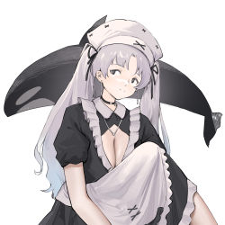 Rule 34 | 1girl, apron, black choker, black dress, black eyes, breasts, choker, cleavage, closed mouth, collared dress, commentary, dress, earrings, grey hair, hat, highres, jewelry, large breasts, light smile, long hair, maid apron, nurse cap, orca, original, rocher-hd, short sleeves, simple background, sitting, solo, symbol-only commentary, twintails, white background, white hat