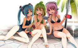 Rule 34 | 3girls, :d, ;o, ahoge, arm support, banana (kuromaru9), barefoot, beach umbrella, beads, bikini, black bikini, blue eyes, blue hair, blue one-piece swimsuit, blush, bracelet, breasts, can, cleavage, coca-cola, competition school swimsuit, crossover, drink, feet, food-themed hair ornament, game over, green bikini, green eyes, green hair, hair between eyes, hair ornament, handheld game console, hatsune miku, headphones, highres, holding, jewelry, kuromaru9, leaning, legs, long hair, looking down, multiple girls, navel, necklace, nitroplus, one-piece swimsuit, one eye closed, open mouth, original, outdoors, palm tree, pearl necklace, personification, pink hair, playing games, playstation portable, pool, raised eyebrows, red eyes, school swimsuit, shade, sitting, skull, small breasts, smile, soda, soles, striped bikini, striped clothes, super sonico, sweat, swimsuit, toe scrunch, toes, tree, twintails, umbrella, very long hair, vocaloid, wince, wink, yokozuwari