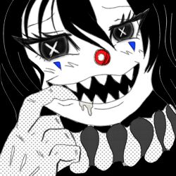 Rule 34 | 1girl, clown, clown nose, cross-shaped pupils, facepaint, gloves, grin, highres, long hair, looking at viewer, open mouth, original, red nose, sharp teeth, smile, solo, symbol-shaped pupils, teeth, winy clown