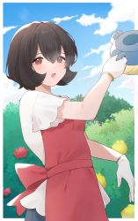 Rule 34 | 1girl, apron, blush, bob cut, border, brown hair, bush, cloud, commentary request, courtney (pokemon), creatures (company), day, game freak, gloves, hair between eyes, hand up, highres, holding, holding watering can, looking at viewer, nagoooon 114, nintendo, open mouth, outdoors, outside border, pokemon, pokemon adventures, red apron, red eyes, shirt, short hair, short sleeves, sky, smile, solo, watering can, white border, white gloves, white shirt