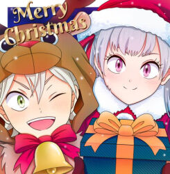 Rule 34 | 1boy, 1girl, animal costume, artist request, asta (black clover), bell, black clover, blush, christmas, christmas bell, dot nose, english text, gift, green eyes, hat, holding, holding gift, long hair, noelle silva, one eye closed, open mouth, presents, purple eyes, reindeer costume, santa costume, santa hat, smile, source request, teeth, twintails, white background