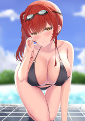 Rule 34 | 1girl, alternate costume, arm support, azur lane, bare shoulders, bikini, black bikini, blue sky, blurry, blush, breasts, brown eyes, cleavage, closed mouth, cloud, collarbone, covered erect nipples, day, goggles, goggles on head, hair between eyes, hair ornament, half-closed eyes, hand on own cheek, hand on own face, hand up, hanging breasts, highres, kanata (kanade pa), kneeling, large breasts, long hair, looking at viewer, navel, o-ring, o-ring bikini, o-ring top, outdoors, red hair, side ponytail, skindentation, sky, smile, solo, strap gap, swimsuit, thigh gap, thighs, tile floor, tiles, tree, water, wet, wet hair, wide hips, zara (azur lane), zara (poolside coincidence) (azur lane)