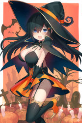 Rule 34 | 1girl, bare tree, bat (animal), bat hair ornament, black hair, blue eyes, blush, breasts, candle, capelet, ccaw, cleavage, commentary, cross, embarrassed, eyebrows, garter belt, garter straps, gloves, graveyard, hair between eyes, hair ornament, halloween, hat, highres, large breasts, long hair, open mouth, original, pumpkin, solo, thighhighs, thighs, tombstone, tree, wavy mouth, witch, witch hat