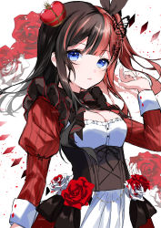 Rule 34 | 1girl, absurdres, blue eyes, blush, borrowed character, breasts, brown hair, brown ribbon, cleavage, copyright request, dress, flower, frilled dress, frills, hair ribbon, highres, large breasts, long sleeves, multicolored hair, nolma7, parted lips, red flower, red hair, red rose, ribbon, rose, standing, white flower, white rose