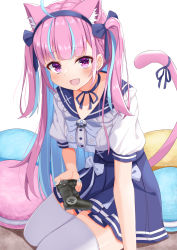 Rule 34 | 1girl, :d, absurdres, ahoge, anchor symbol, animal ears, arm support, blue hair, blue hairband, blue ribbon, blue skirt, blunt bangs, blush, cat ears, cat girl, cat tail, colored inner hair, controller, divergenceok, dualshock, food-themed pillow, frilled shirt collar, frills, game controller, gamepad, hair ribbon, hairband, high-waist skirt, highres, hololive, long hair, looking at viewer, macaron-shaped pillow, minato aqua, minato aqua (sailor), multicolored hair, open mouth, playstation controller, pleated skirt, purple eyes, purple hair, ribbon, sailor collar, school uniform, seiza, serafuku, shirt, sidelocks, simple background, sitting, skindentation, skirt, smile, solo, streaked hair, tail, thick thighs, thighhighs, thighs, two-tone hair, two side up, underbust, virtual youtuber, white background, white shirt, white thighhighs, zettai ryouiki