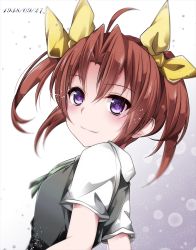 Rule 34 | 10s, 1girl, ahoge, blouse, blush, brown hair, dated, eyebrows, from side, gradient background, green ribbon, hair ribbon, hikobae, kagerou (kancolle), kantai collection, looking to the side, neck ribbon, purple eyes, ribbon, shirt, short sleeves, smile, solo, star (symbol), twintails, upper body, vest, white shirt, yellow ribbon