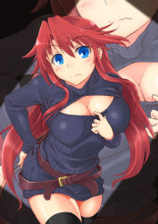 Rule 34 | 1girl, aty (summon night), bad id, bad pixiv id, belt, black thighhighs, blue eyes, blush, breasts, cleavage, cleavage cutout, cleavage reach, clothing cutout, cowboy shot, dress, hand on own ass, kurogane (blackxsilver), large breasts, leaning forward, long hair, looking at viewer, meme attire, open-chest sweater, red hair, ribbed sweater, solo, summon night, summon night 3, sweater, sweater dress, thighhighs, very long hair, wavy mouth, zoom layer