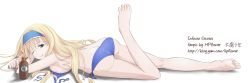 Rule 34 | 10s, 1girl, ass, barefoot, bikini, blonde hair, blue bikini, blue eyes, bottle, breasts, butt crack, cecilia alcott, artistic error, feet, hairband, highres, hpflower, infinite stratos, large breasts, long hair, lotion, lying, on stomach, one eye closed, side-tie bikini bottom, sideboob, smile, solo, sunscreen, swimsuit, the pose, toes, topless, untied, wink
