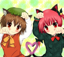 Rule 34 | 2girls, animal ears, bad id, bad pixiv id, brown eyes, brown hair, cat ears, cat girl, cat tail, chen, female focus, heart, heart tail, kaenbyou rin, multiple girls, paw pose, red eyes, tail, toranashi, touhou