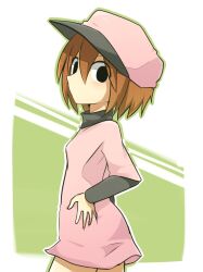 Rule 34 | 1girl, androgynous, baseball cap, black eyes, black undershirt, breasts, brown hair, closed mouth, commentary, cowboy shot, dot mouth, dress, empty eyes, expressionless, from side, green background, hair between eyes, hands on own hips, hat, highres, jiima tarou, layered dress, light blush, long bangs, long sleeves, looking to the side, outside border, pink dress, pink hat, pitcher (rhythm tengoku), rhythm tengoku, shirt, short dress, short hair, small breasts, solo, tomboy, turtleneck, two-tone background, white background