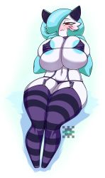 Rule 34 | 1girl, :3, absurdres, alternate color, animal ears, areola slip, bare shoulders, bikini, blue background, blue eyes, blue nipples, blush, breasts, cat ears, choker, closed mouth, colored nipples, creatures (company), curvy, full body, game freak, gardevoir, garter straps, gen 3 pokemon, gradient background, hair between eyes, half-closed eyes, highres, huge breasts, joeydrawss, legs, looking at viewer, naughty face, nintendo, pokemon, pokemon (creature), purple bikini, purple thighhighs, red eyes, shiny pokemon, short hair, sitting, skindentation, slit pupils, smile, solo, striped clothes, striped thighhighs, swimsuit, thick thighs, thighhighs, thighs, white background