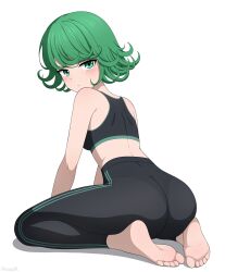Rule 34 | 1girl, absurdres, alternate costume, arm support, ass, back, bare shoulders, barefoot, black pants, blush, closed mouth, commentary, curly hair, english commentary, eyelashes, feet, from behind, full body, green eyes, green hair, highres, leaning forward, looking at viewer, looking back, one-punch man, pants, short hair, simple background, sitting, soles, solo, split mouth, sports bra, sportswear, swept bangs, tatsumaki, toes, track pants, tsurime, wariza, white background, yisusjpl