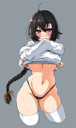 Rule 34 | 1girl, ahoge, bai winchester, black hair, black panties, blush, braid, breasts, closers, clothes lift, commentary, cropped legs, gluteal fold, grey background, groin, hair between eyes, hair ribbon, heterochromia, highleg, highleg panties, large breasts, lhu (barappra1), lifting own clothes, long hair, looking at viewer, navel, panties, purple eyes, red eyes, ribbon, shirt lift, simple background, skindentation, solo, stomach, string panties, sweat, thighhighs, underboob, underwear, undressing, very long hair, white thighhighs