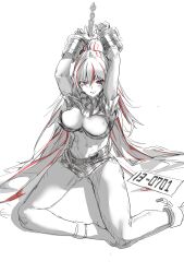 Rule 34 | 1girl, abs, absurdres, arca.live, arms up, barefoot, belt, bikini, bikini top only, blush, bound, bound wrists, breasts, chain, cleavage, clenched teeth, crossed bangs, cuffs, dainillust, goddess of victory: nikke, greyscale, hair between eyes, handcuffs, high ponytail, highres, large breasts, long hair, looking at viewer, midriff, monochrome, multicolored hair, navel, o-ring, prison clothes, quency (nikke), red eyes, red hair, restrained, shackled, shackles, short shorts, shorts, shrug (clothing), simple background, sitting, sketch, solo, spot color, strapless, strapless bikini, swimsuit, tearing up, teeth, toned, two-tone hair, very long hair, white background