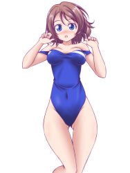 Rule 34 | 1girl, :o, blue eyes, blue one-piece swimsuit, blush, breasts, brown hair, commentary request, covered navel, gluteal fold, kikuchi tsutomu, looking at viewer, love live!, love live! sunshine!!, medium breasts, off shoulder, one-piece swimsuit, open mouth, short hair, simple background, solo, standing, swimsuit, thigh gap, w arms, watanabe you, wet, white background