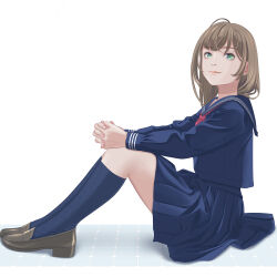 Rule 34 | 1girl, absurdres, blue serafuku, blue skirt, brown footwear, brown hair, closed mouth, commentary, eyelashes, full body, green eyes, highres, knees up, legs, loafers, long hair, long sleeves, looking at viewer, neckerchief, original, own hands together, pleated skirt, red neckerchief, ribbed socks, sailor collar, school uniform, serafuku, shadow, shoes, skirt, solo, toyoki, white background