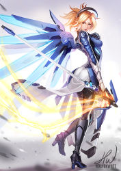 Rule 34 | 1girl, alternate color, armor, armored boots, artist name, ass, black footwear, black gloves, black pantyhose, blonde hair, blue eyes, blue wings, bodysuit, boots, breastplate, breasts, faulds, from side, full body, gloves, glowing, glowing wings, greaves, halo, hand on breast, hand on own chest, hand up, headgear, hellyon white, high collar, high heel boots, high heels, holding, holding staff, knee boots, knee pads, leg up, lips, loincloth, looking at viewer, mechanical halo, mechanical wings, medium breasts, medium hair, mercy (overwatch), overwatch, overwatch 1, pantyhose, parted lips, pelvic curtain, pink lips, ponytail, signature, solo, spread wings, staff, standing, standing on one leg, turtleneck, weapon, wings