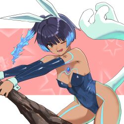 Rule 34 | 1girl, ;d, absurdres, alternate costume, animal ears, arm tattoo, blue hair, blue leotard, breasts, chest jewel, commentary request, covered navel, fake animal ears, fiery hair, glowing lines, highres, karian909, leotard, looking at viewer, one eye closed, open mouth, playboy bunny, rabbit ears, sena (xenoblade), side ponytail, small breasts, smile, solo, strapless, strapless leotard, tail, tattoo, wrist cuffs, xenoblade chronicles (series), xenoblade chronicles 3