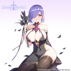 Rule 34 | 1girl, apple caramel, arms behind back, bare shoulders, black dress, black thighhighs, blush, breasts, cleavage, covered navel, detached collar, dress, earrings, flower, hair over one eye, highres, holding, holding flower, jewelry, large breasts, looking at viewer, official art, original, pelvic curtain, pointy ears, purple hair, red eyes, revealing clothes, short hair, simple background, thighhighs, white background