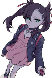 Rule 34 | 1girl, asymmetrical bangs, black choker, black footwear, black jacket, black nails, boots, choker, closed mouth, commentary request, creatures (company), dress, earrings, eyelashes, game freak, green eyes, hair ribbon, highres, holding, holding poke ball, jacket, jewelry, knees, long sleeves, marnie (pokemon), nail polish, naruse makoto, nintendo, open clothes, open jacket, pink dress, poke ball, poke ball (basic), pokemon, pokemon swsh, ribbon, solo, standing, strap, twintails, white background