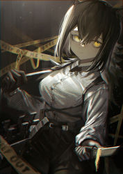 Rule 34 | 1girl, animal ears, animal hands, arknights, bag, bags under eyes, black background, black shorts, breasts, brown hair, caution tape, closed mouth, commentary request, cross tie, freckles, hair between eyes, highres, holding, holding knife, holding weapon, knife, long hair, long sleeves, looking at viewer, medium breasts, robin (arknights), shirt, shorts, solo, weapon, white shirt, yellow eyes, yo-ba yo