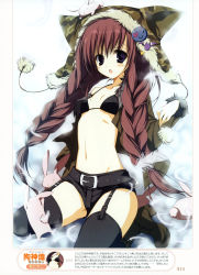 Rule 34 | 1girl, absurdres, belt, bikini, black thighhighs, blush, boots, braid, breasts, brown hair, feathers, female focus, garter straps, gradient background, hat, highres, image sample, inugami kira, jacket, long hair, navel, rabbit, short shorts, shorts, sitting, small breasts, solo, swimsuit, thighhighs, twin braids, very long hair, wariza, white background