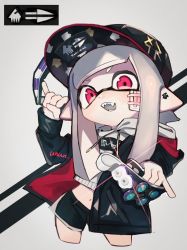 Rule 34 | 1girl, bad id, bad twitter id, bandages, bandaid, bandaid on face, belly, black hat, black jacket, black shorts, fangs, gun, hat, holding, holding gun, holding removed eyewear, holding weapon, hood, hoodie, inkling, inkling (language), inkling girl, inkling player character, jacket, long hair, long sleeves, looking at viewer, nintendo, open clothes, open jacket, open mouth, pink eyes, pinky out, pointy ears, short shorts, shorts, simple background, smile, solo, splatoon (series), unitoon, unworn eyewear, upper body, weapon, white background, white hair, white hoodie