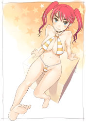 Rule 34 | 1girl, aqua eyes, arm support, barefoot, bikini, breasts, feet, from above, halterneck, highres, kuboshun, legs, looking at viewer, o-ring, o-ring top, original, red hair, sitting, smile, soles, solo, star (symbol), striped bikini, striped clothes, swimsuit, toes, twintails
