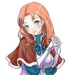 Rule 34 | annette fantine dominic, blue eyes, breasts, capelet, dress, fire emblem, fire emblem: three houses, gloves, nintendo, orange hair, simple background, smile, tight clothes, tight dress, vecaveny, white background