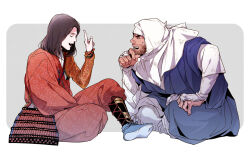 Rule 34 | 2boys, akatsuki wo tsugu, black hair, border, fingernails, from side, galadecaras, hand on own knee, hood, japanese clothes, knuckle hair, long hair, long sleeves, looking at another, male focus, mature male, minamoto no yoshitsune, multiple boys, musashibou benkei (real life), open mouth, sparse stubble, sweatdrop, white border