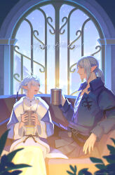 Rule 34 | 2boys, ahoge, alphinaud leveilleur, alternate costume, arch, belt, blue coat, blue eyes, blue jacket, blue sky, blurry, buttons, coat, collarbone, collared robe, commentary, couch, cup, depth of field, elbow rest, elezen, elf, estinien varlineau, eye contact, final fantasy, final fantasy xiv, grey hair, hair ribbon, happy holidays, highres, holding, holding cup, indoors, jacket, komoshita, leaf, looking at another, male focus, medium hair, mug, multiple boys, on couch, open mouth, pointy ears, ponytail, profile, ribbon, robe, signature, sitting, sky, smile, snowing, steam, swept bangs, tree, twitter username, white robe, wide sleeves, window, winter