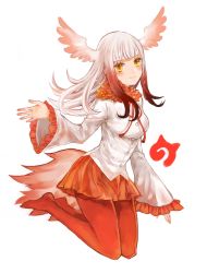 Rule 34 | 1girl, 96no, bird girl, bird tail, bird wings, blush, buttons, commentary request, frilled sleeves, frills, full body, fur collar, head wings, highres, japanese crested ibis (kemono friends), japari symbol, kemono friends, long hair, multicolored hair, neck ribbon, no shoes, pantyhose, pleated skirt, red fur, red hair, red pantyhose, red ribbon, red skirt, ribbon, shirt, sidelocks, skirt, solo, tail, white hair, white shirt, wings, yellow eyes