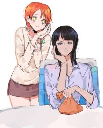 Rule 34 | + +, 2girls, bad id, bad twitter id, bag, black hair, blunt bangs, blush, chair, hair behind ear, hand on own chin, joman, korean commentary, long sleeves, looking at another, looking to the side, medium hair, multiple girls, nami (one piece), nico robin, one piece, orange hair, shirt, short hair, simple background, sitting, skirt, smile, table, white background