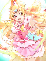 Rule 34 | 1girl, blonde hair, brooch, clear glass (mildmild1311), cure tomorrow, earrings, gloves, gradient background, green background, hair ornament, heart, heart brooch, heart earrings, heart hair ornament, heart pouch, high ponytail, highres, hugtto! precure, jewelry, long hair, looking at viewer, magical girl, multi-tied hair, open mouth, ponytail, precure, short sleeves, smile, solo, very long hair, waist brooch