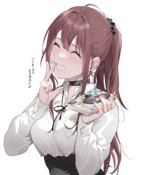 Rule 34 | 1girl, black scrunchie, blush, book, closed eyes, grin, highres, long hair, long sleeves, original, parted lips, ponytail, scrunchie, shirt, simple background, smile, solo, teeth, translation request, upper body, white background, white shirt, xretakex