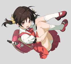 Rule 34 | 1girl, :d, ahoge, backpack, bag, brown hair, collared shirt, curled up, dress, flute, hair ornament, highres, instrument, kaai yuki, kitto ha, looking at viewer, open mouth, panties, puffy short sleeves, puffy sleeves, recorder, red dress, red footwear, red tie, shirt, short sleeves, smile, socks, twintails, underwear, vocaloid, white background, white panties, white shirt, white socks, yellow eyes