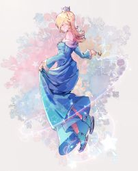 Rule 34 | 1girl, abstract background, alternate footwear, blonde hair, blue dress, breasts, closed mouth, converse, crown, dress, earrings, closed eyes, floating, formal, from side, head tilt, highres, holding, holding clothes, holding dress, jewelry, long hair, magic, mario (series), nachoz (nachozart), nintendo, outstretched hand, pale skin, platinum blonde hair, rosalina, shoes, small breasts, smile, sneakers, star (symbol), star earrings, super mario galaxy, wand, white background