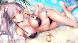 Rule 34 | 1girl, armpits, azur lane, beach, bikini, bikini tug, blue gemstone, blush, breasts, butterfly hair ornament, choker, cleavage, collarbone, commentary, covered erect nipples, day, dunkerque (azur lane), dunkerque (summer sucre) (azur lane), earrings, flower, gem, grey hair, groin, hair flower, hair ornament, hairband, jewelry, large breasts, long hair, looking at viewer, lying, navel, ocean, on side, open clothes, open shirt, out of frame, outdoors, palm leaf, pink eyes, ponytail, purple bikini, sand, see-through, shell, shirt, sidelocks, skindentation, solo, starfish, swimsuit, thighs, wagasi (wagasi157), wet, white shirt