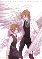 Rule 34 | 2boys, aged down, angel wings, artist name, black pants, black shorts, black vest, blue necktie, blue shirt, brown eyes, brown hair, child, collared shirt, cowboy shot, danny (satsuriku no tenshi), dual persona, eyepatch, feet out of frame, glasses, green eyes, half-closed eyes, halo, heterochromia, holding hands, jin amber, jitome, lab coat, lapels, long sleeves, looking at another, looking at viewer, male focus, medical eyepatch, multiple boys, necktie, notched lapels, pants, parted bangs, parted lips, satsuriku no tenshi, shirt, short hair, shorts, simple background, smile, sparkle background, standing, striped necktie, time paradox, vest, white background, white shirt, white wings, wings