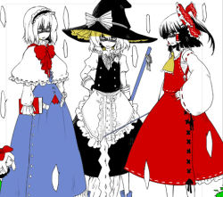 Rule 34 | 3girls, alice margatroid, book, capelet, dress, female focus, hakurei reimu, hat, kintaro, kirisame marisa, lowres, multiple girls, partially colored, shaded face, touhou, witch, witch hat