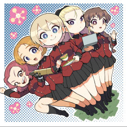Rule 34 | 5girls, absurdres, assam (girls und panzer), black footwear, black gloves, black ribbon, black skirt, blonde hair, blue eyes, boots, braid, braided ponytail, bright pupils, brown eyes, brown hair, closed mouth, commentary request, computer, cup, darjeeling (girls und panzer), dutch angle, epaulettes, frown, girls und panzer, glaring, gloves, hair ornament, hair over shoulder, hair pulled back, hair ribbon, hairclip, highres, holding, holding cup, holding laptop, holding saucer, jacket, laptop, leg up, long hair, long sleeves, looking at viewer, military, military uniform, miniskirt, multiple girls, nakachiruno, open mouth, orange hair, orange pekoe (girls und panzer), outline, parted bangs, pleated skirt, raised fist, red hair, red jacket, ribbon, rosehip (girls und panzer), rukuriri (girls und panzer), saucer, short hair, side-by-side, single braid, skirt, smile, st. gloriana&#039;s military uniform, standing, tank shell, teacup, twin braids, uniform, waving, white outline, white pupils